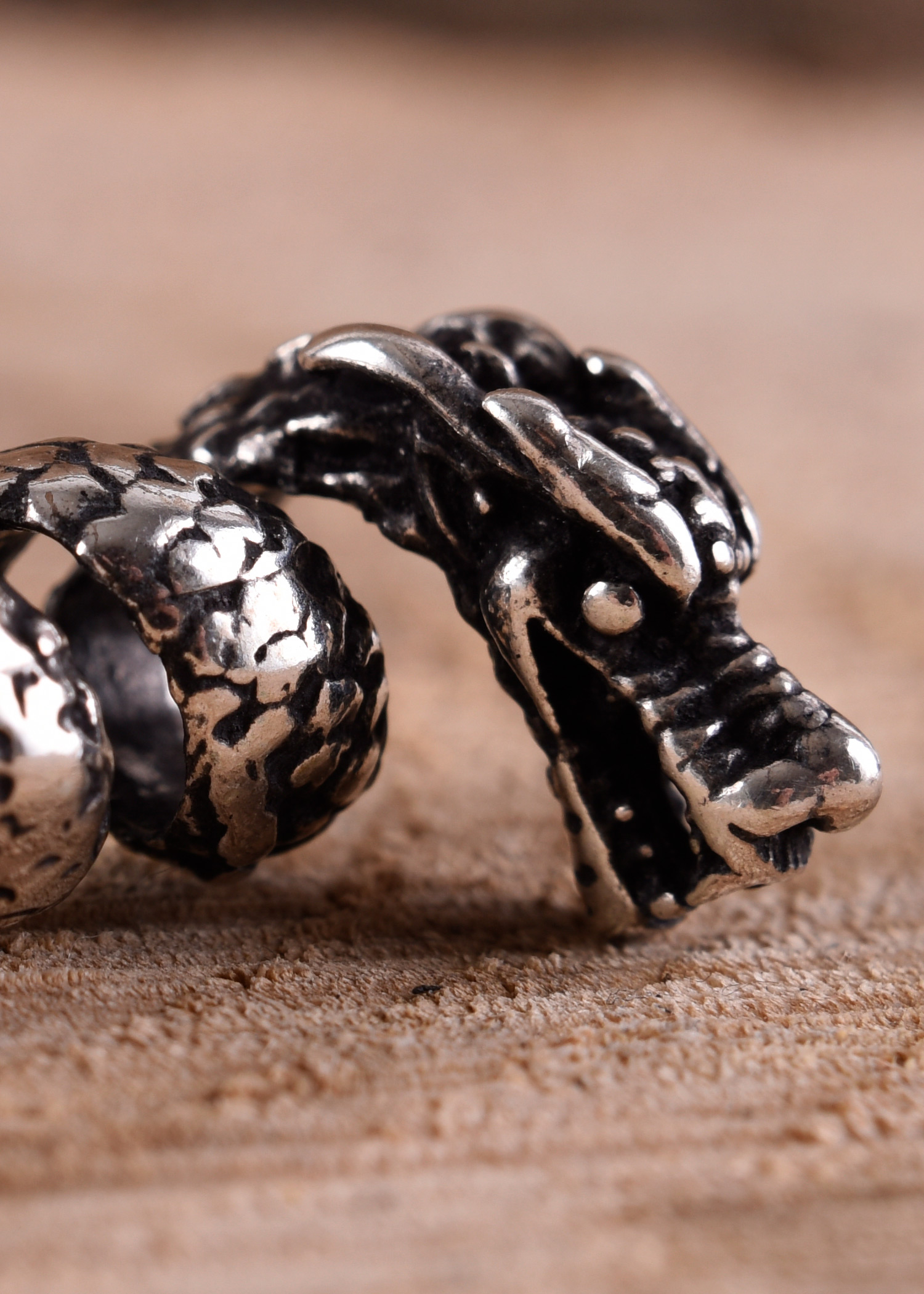 Viking Ornamental Beard Bead with Dragon Design, Silver