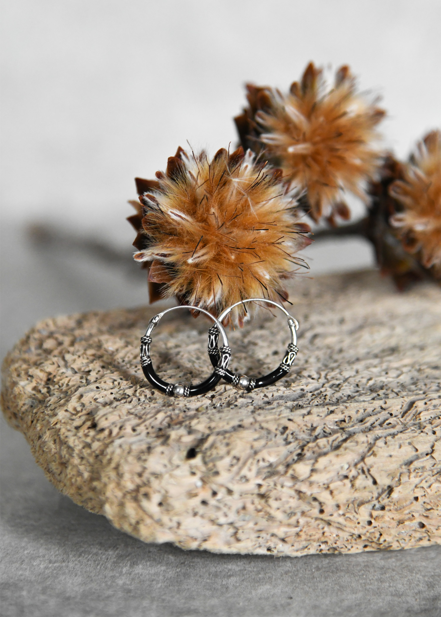 Silver Hoop Earrings, Creole Earrings, Black, Pair