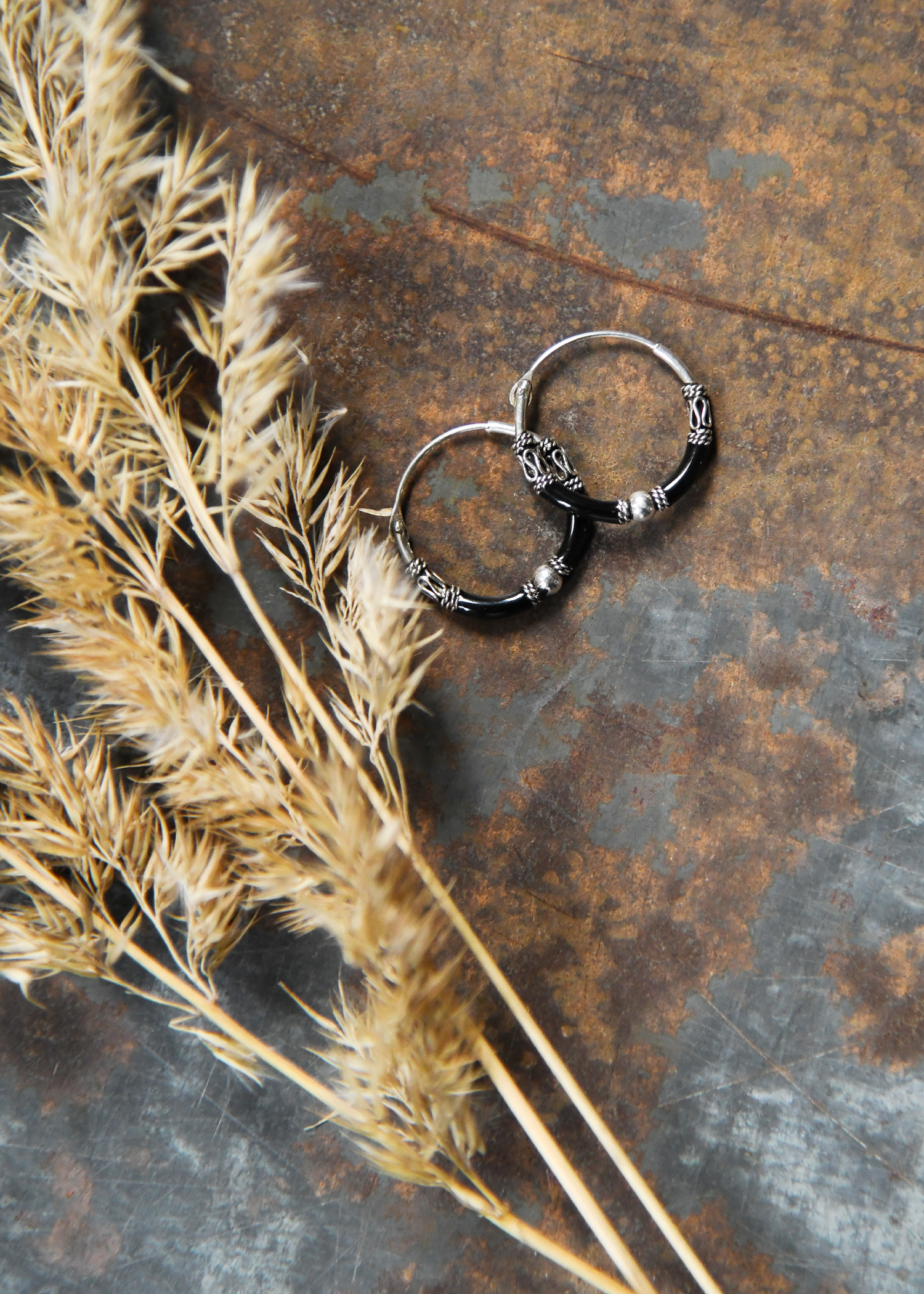 Silver Hoop Earrings, Creole Earrings, Black, Pair