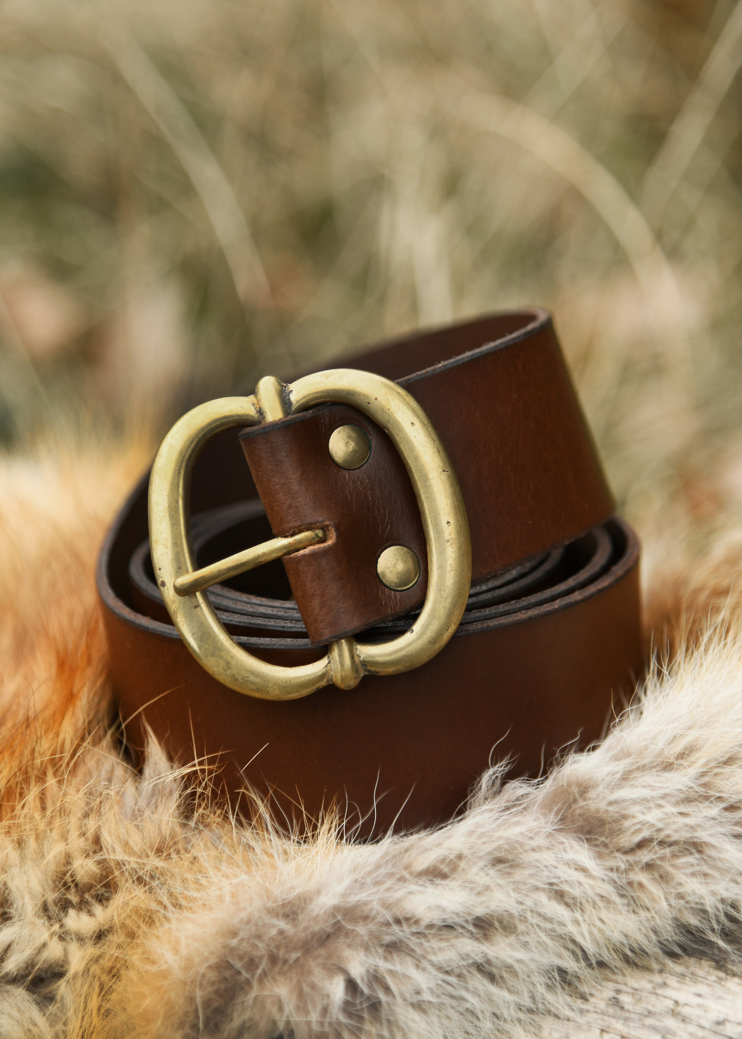 Leather Belt with Brass Buckle, brown, approx. 135 cm
