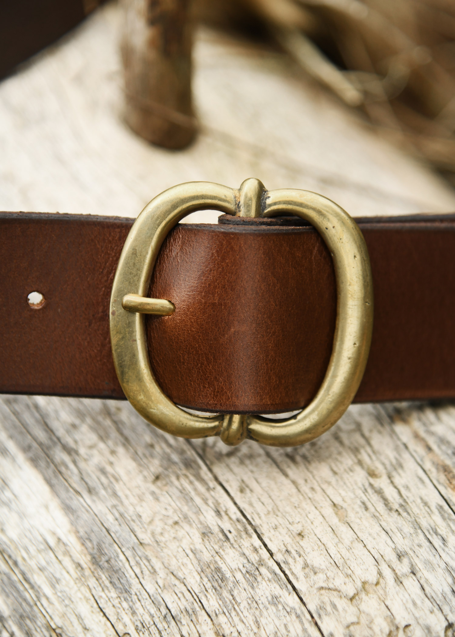 Leather Belt with Brass Buckle, brown, approx. 135 cm
