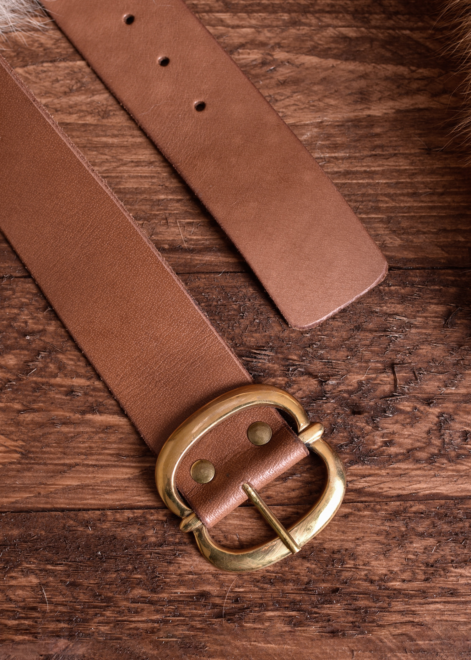 Leather Belt with Brass Buckle, brown, approx. 135 cm