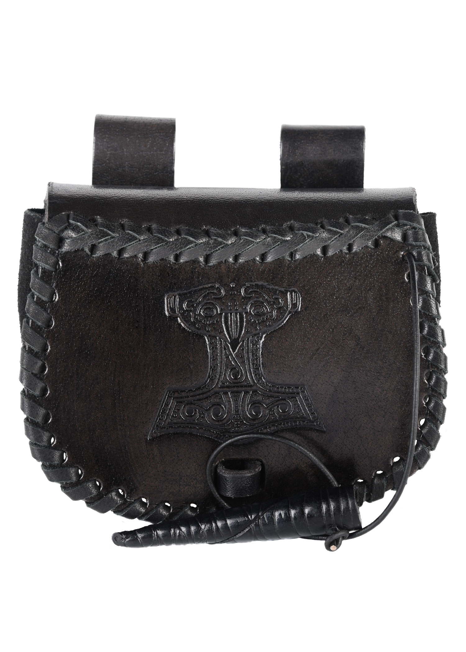 Small Leather Belt Pouch with Thor's Hammer Embossing, Black