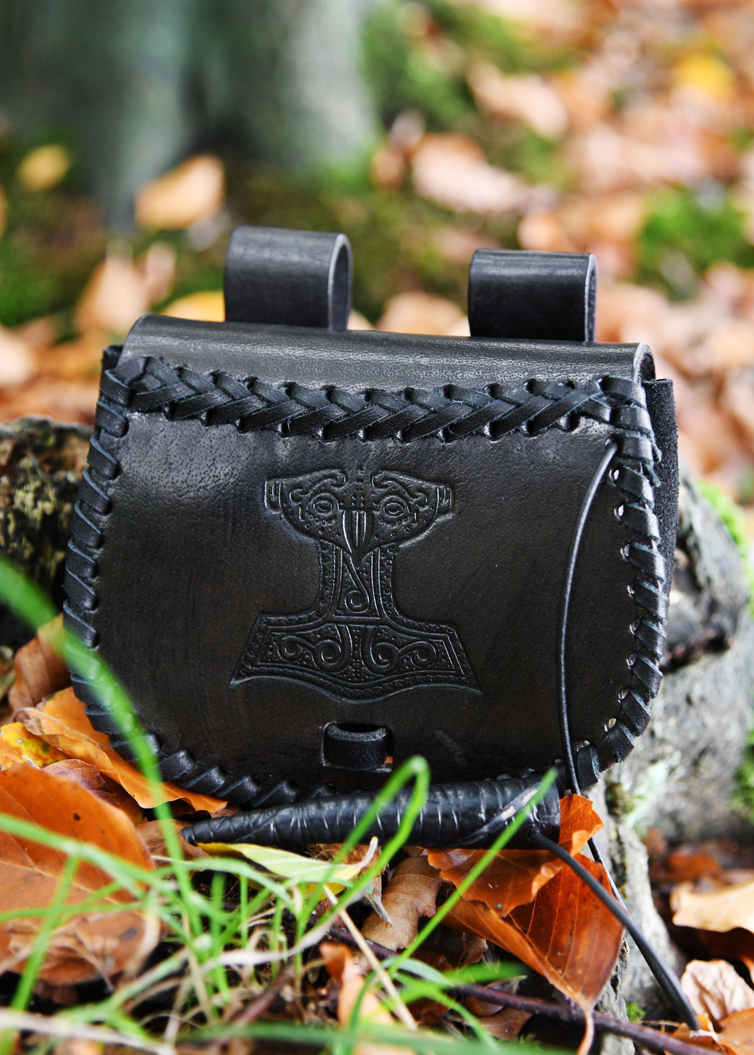 Small Leather Belt Pouch with Thor's Hammer Embossing, Black