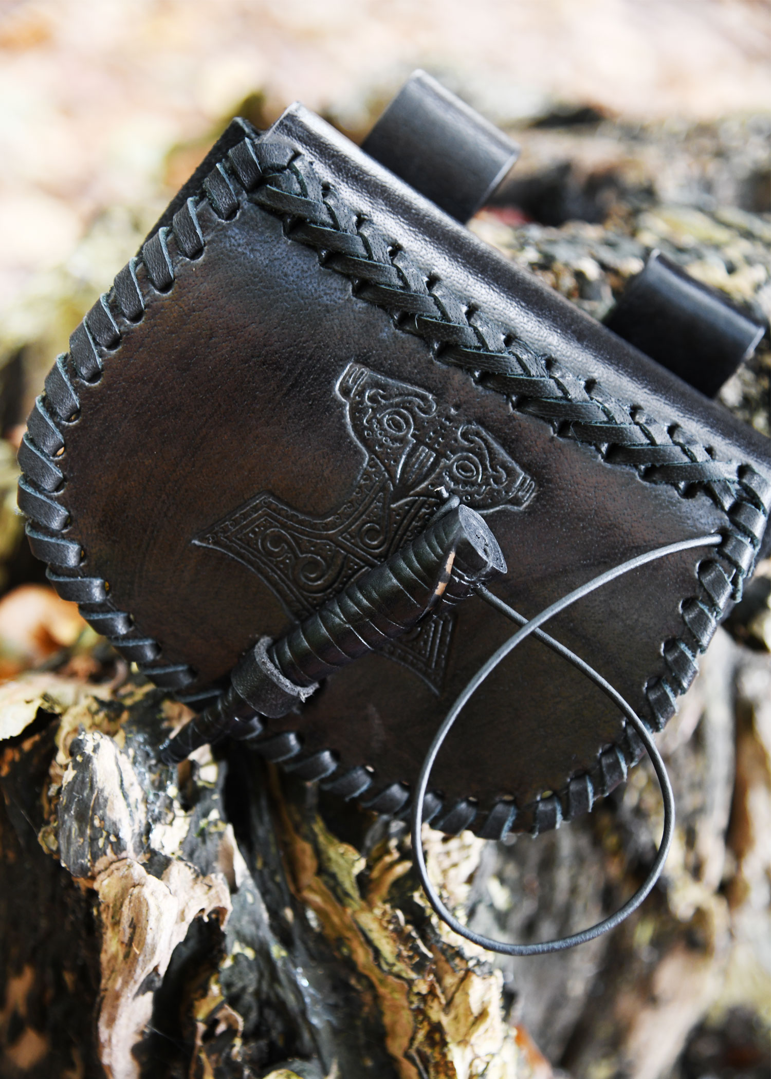 Small Leather Belt Pouch with Thor's Hammer Embossing, Black