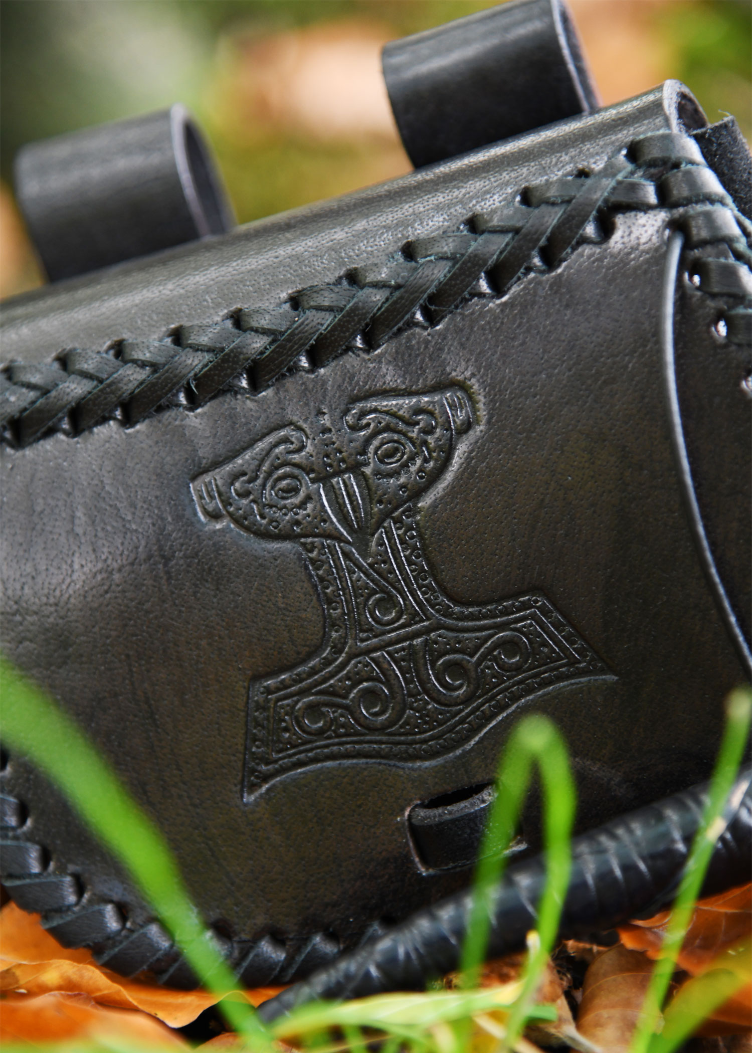 Small Leather Belt Pouch with Thor's Hammer Embossing, Black