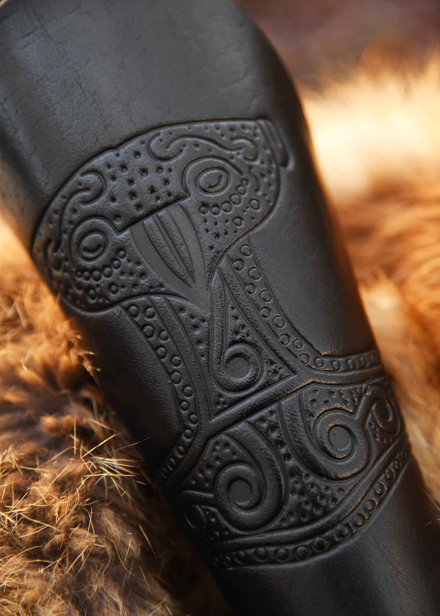 Bracer - Leather wristband with embossed Thor's hammer, black