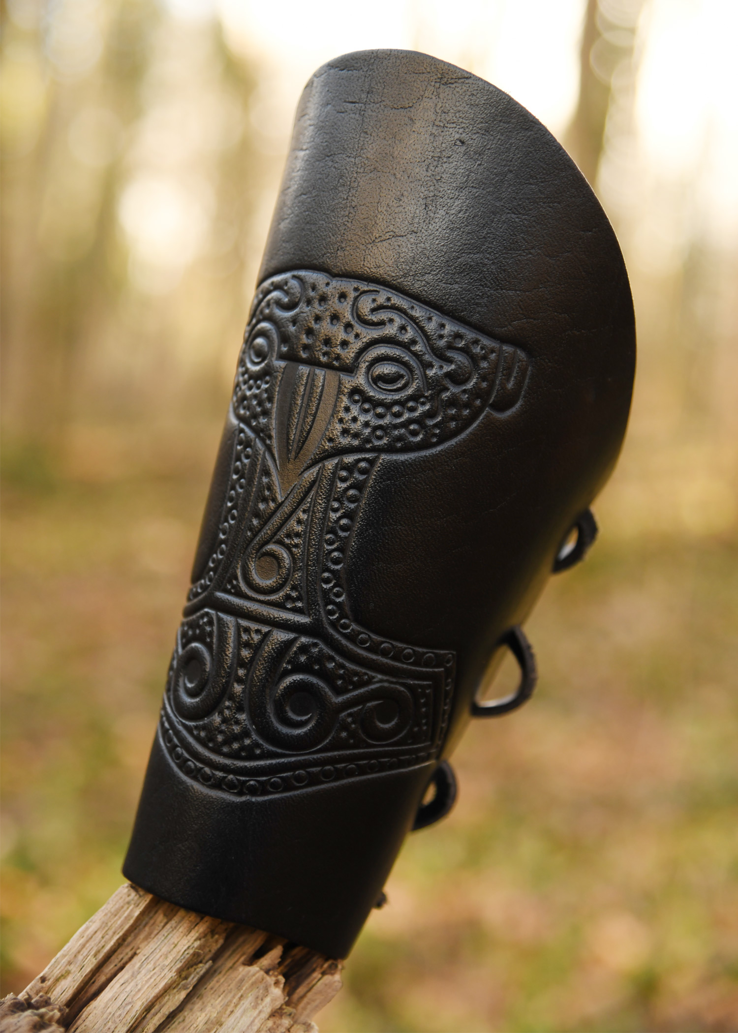 Bracer - Leather wristband with embossed Thor's hammer, black