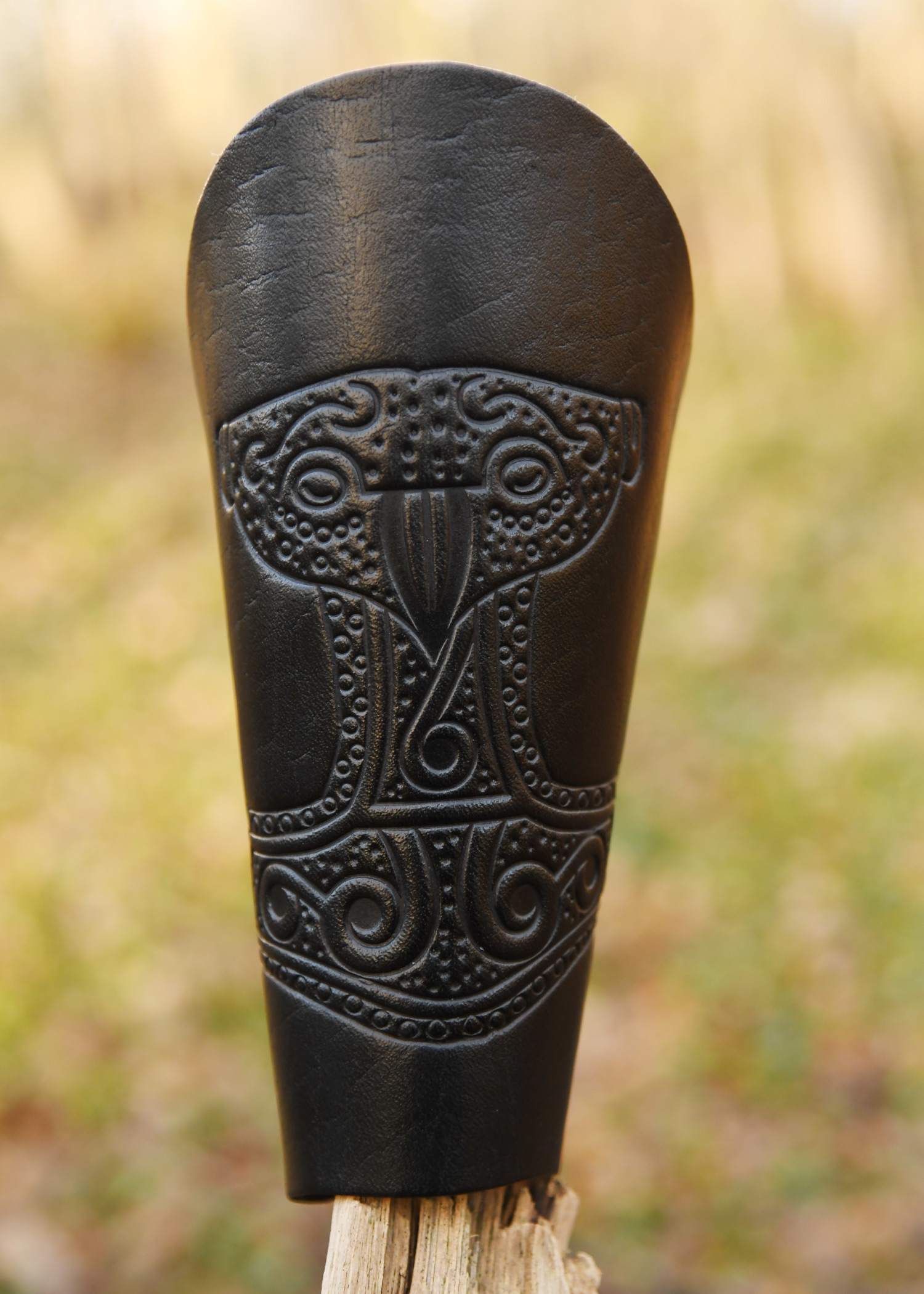 Bracer - Leather wristband with embossed Thor's hammer, black