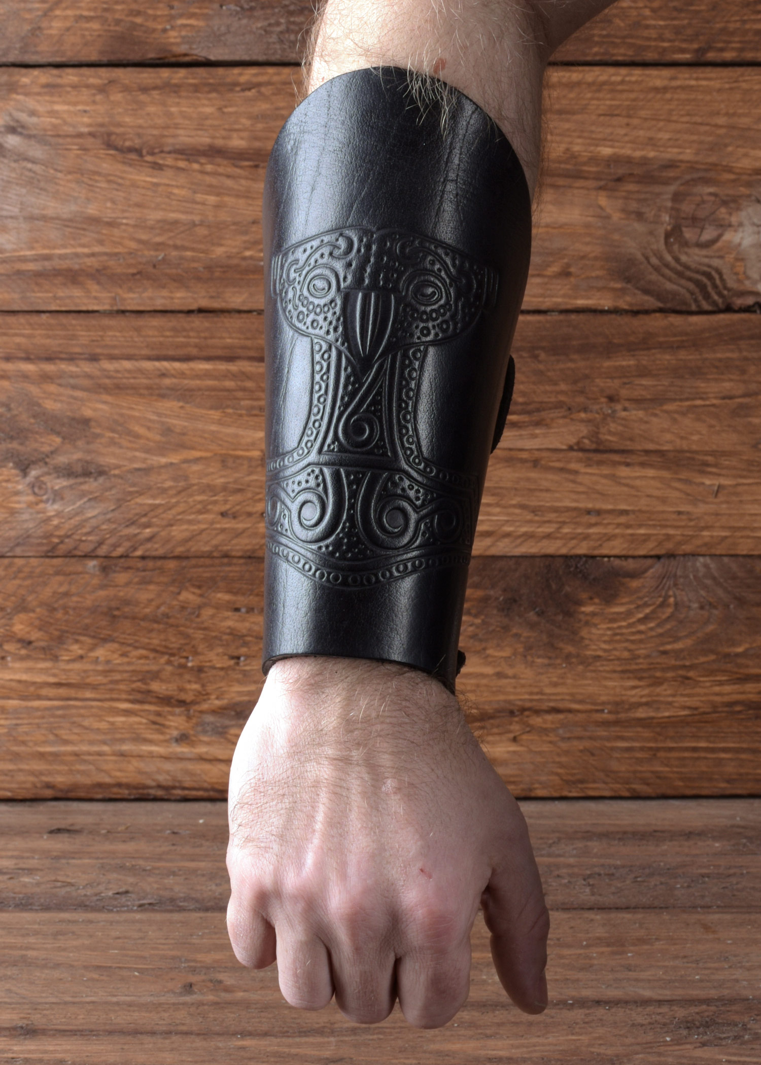 Bracer - Leather wristband with embossed Thor's hammer, black