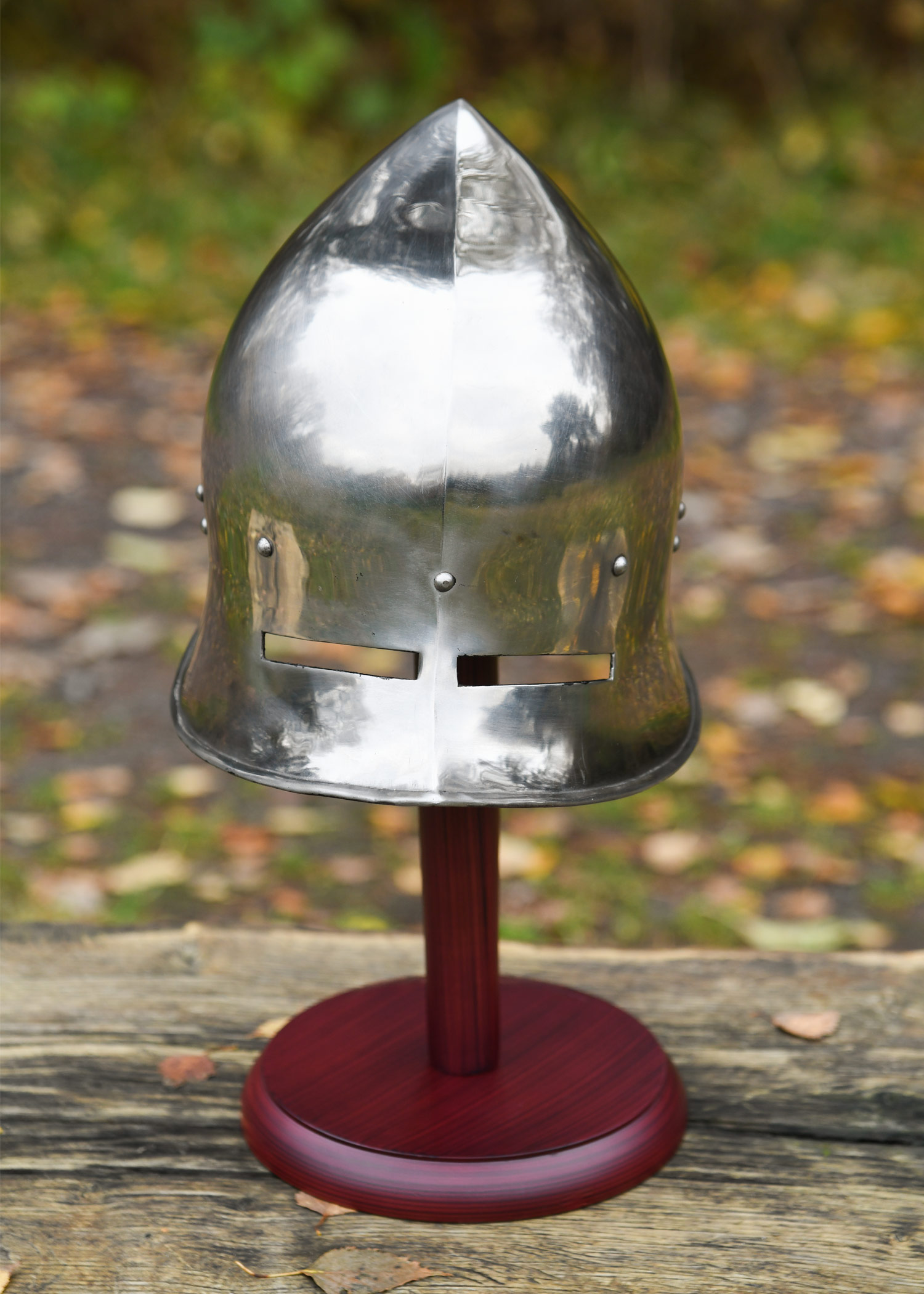 Wooden helmet stand with round base