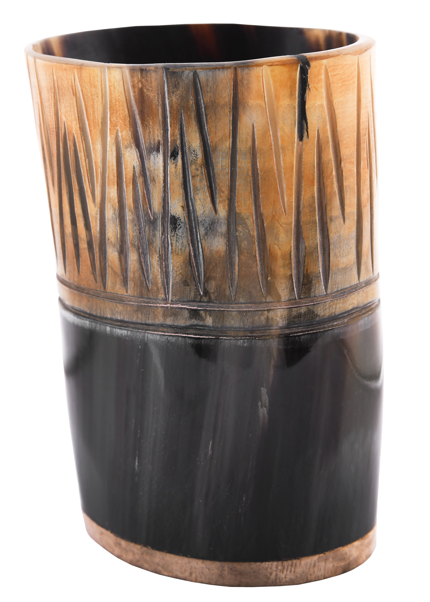 Short Horn Drinking Cup with Wooden Base and carving