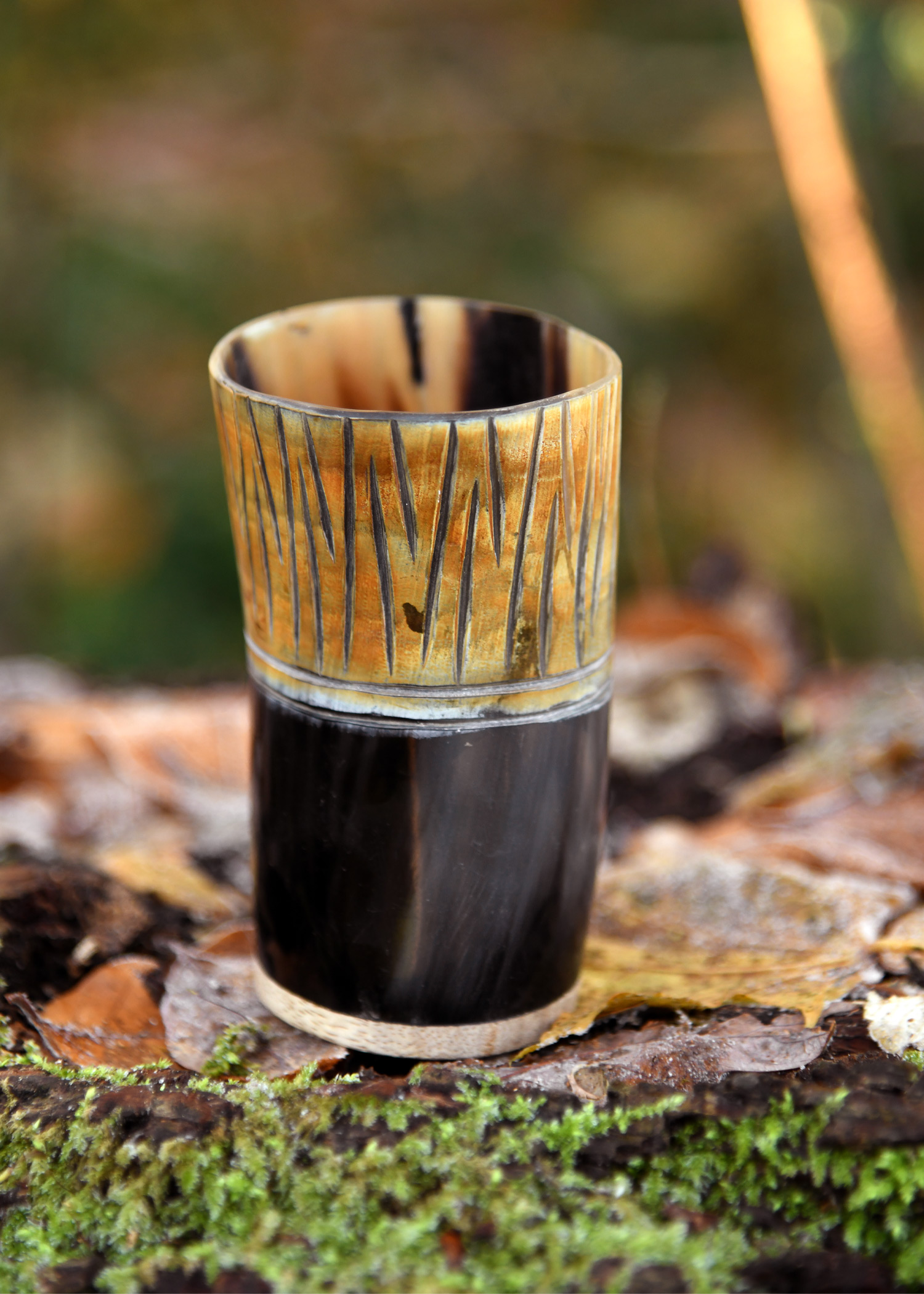 Short Horn Drinking Cup with Wooden Base and carving