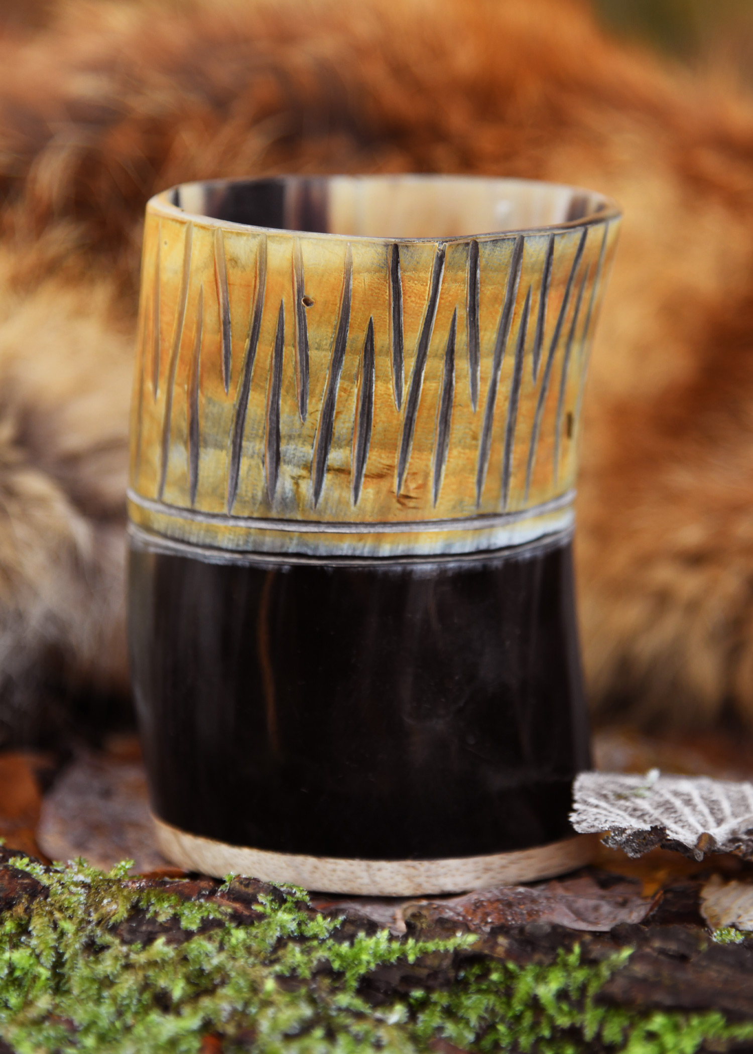 Short Horn Drinking Cup with Wooden Base and carving