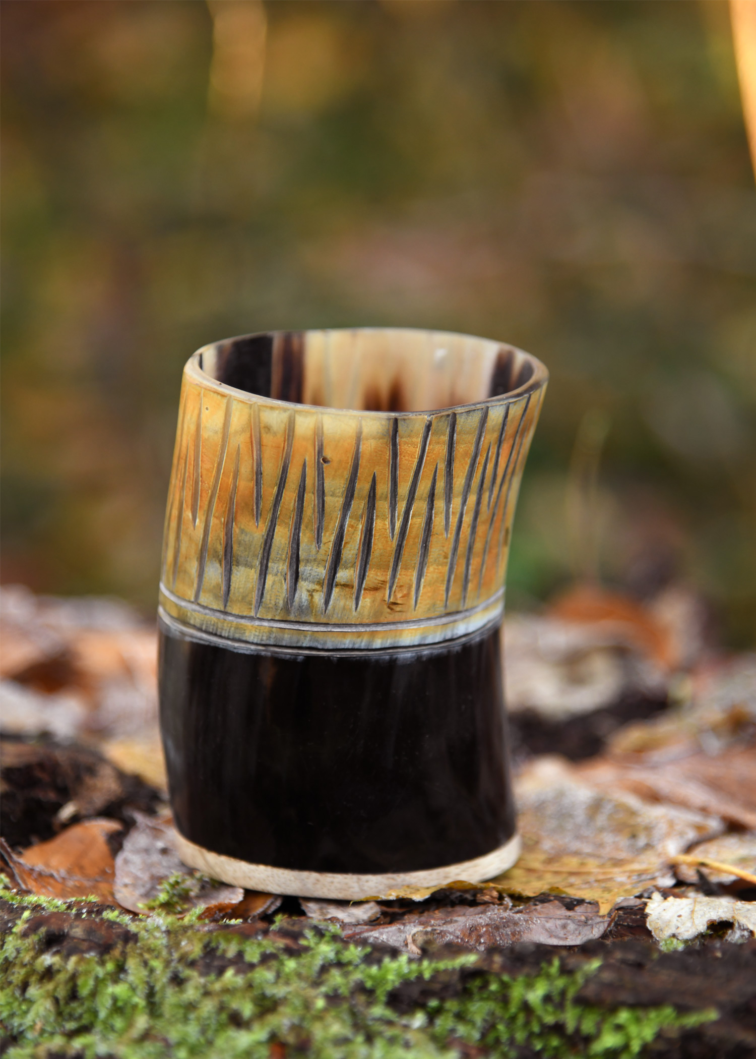 Short Horn Drinking Cup with Wooden Base and carving
