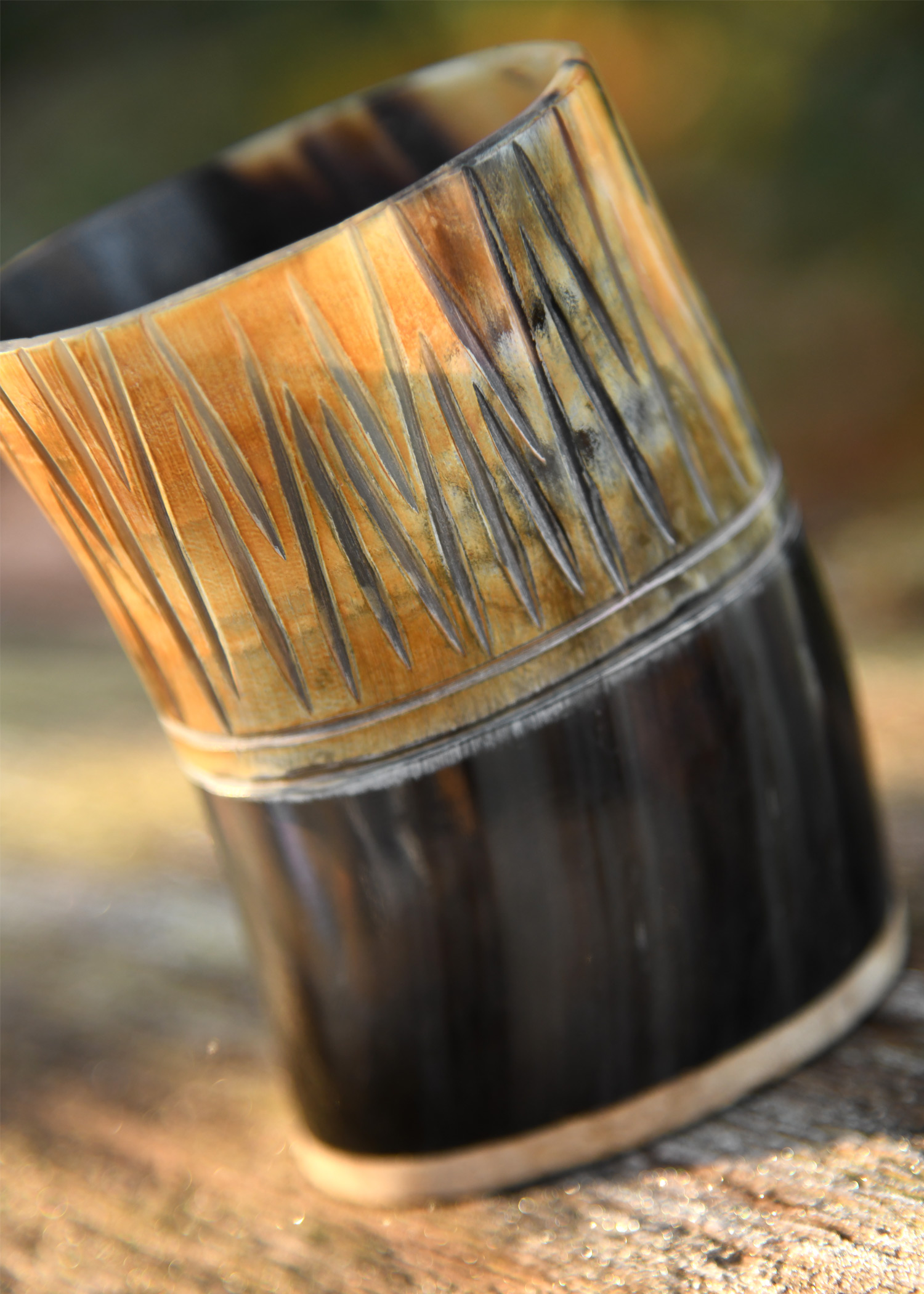 Short Horn Drinking Cup with Wooden Base and carving