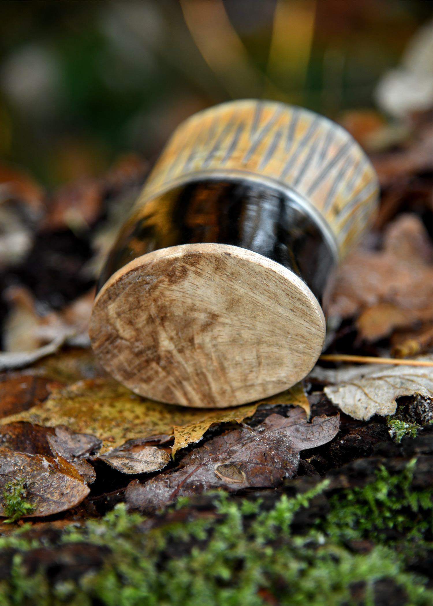 Short Horn Drinking Cup with Wooden Base and carving