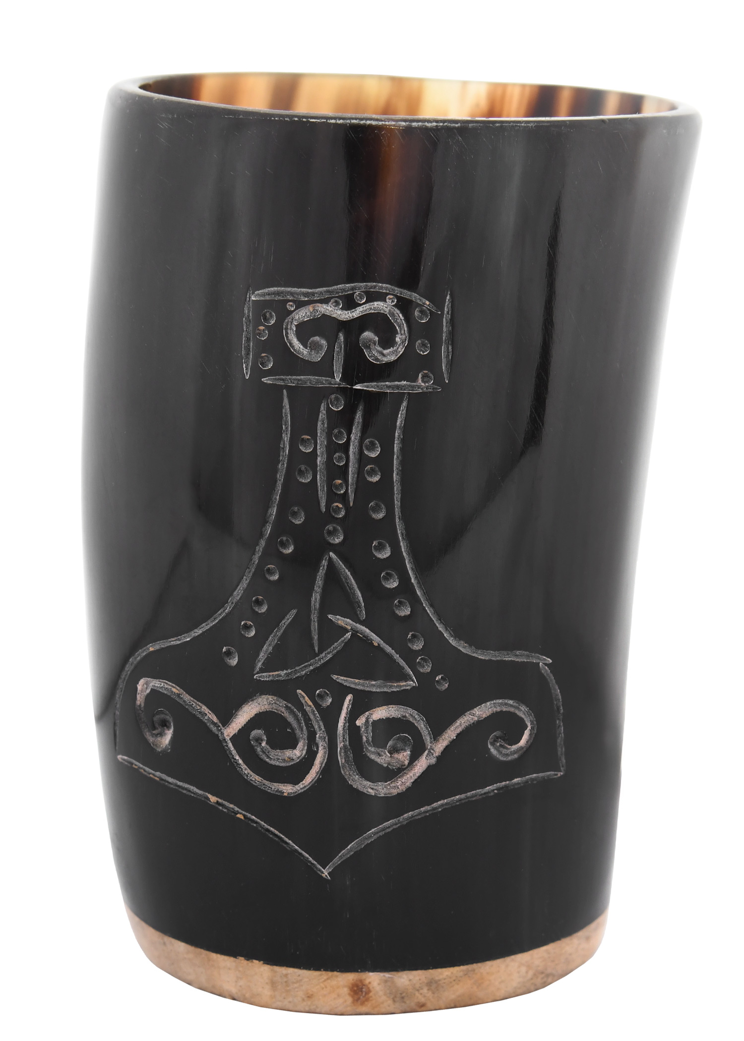 Short Horn Drinking Cup with Wooden Base and Mjoelnir