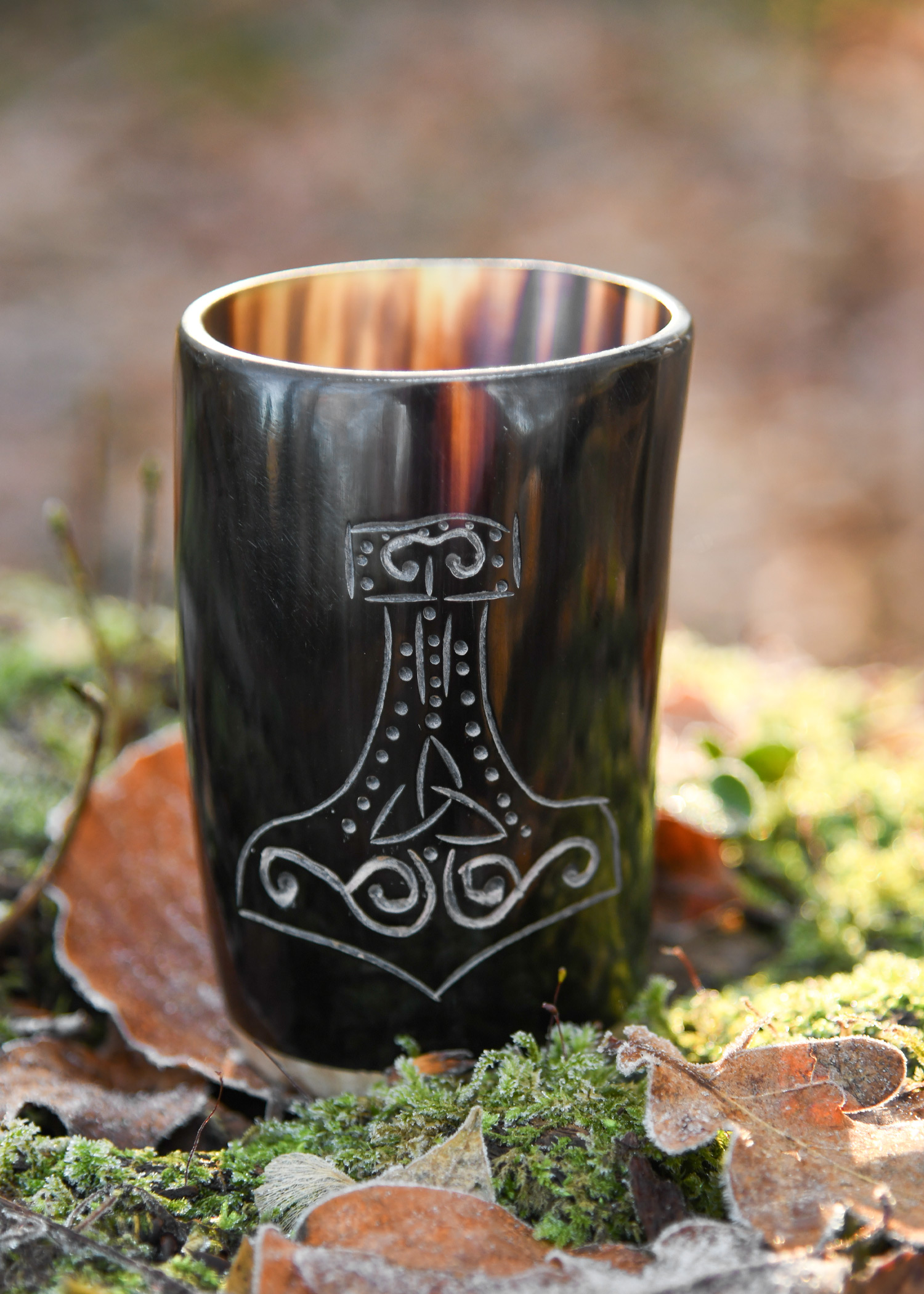 Short Horn Drinking Cup with Wooden Base and Mjoelnir