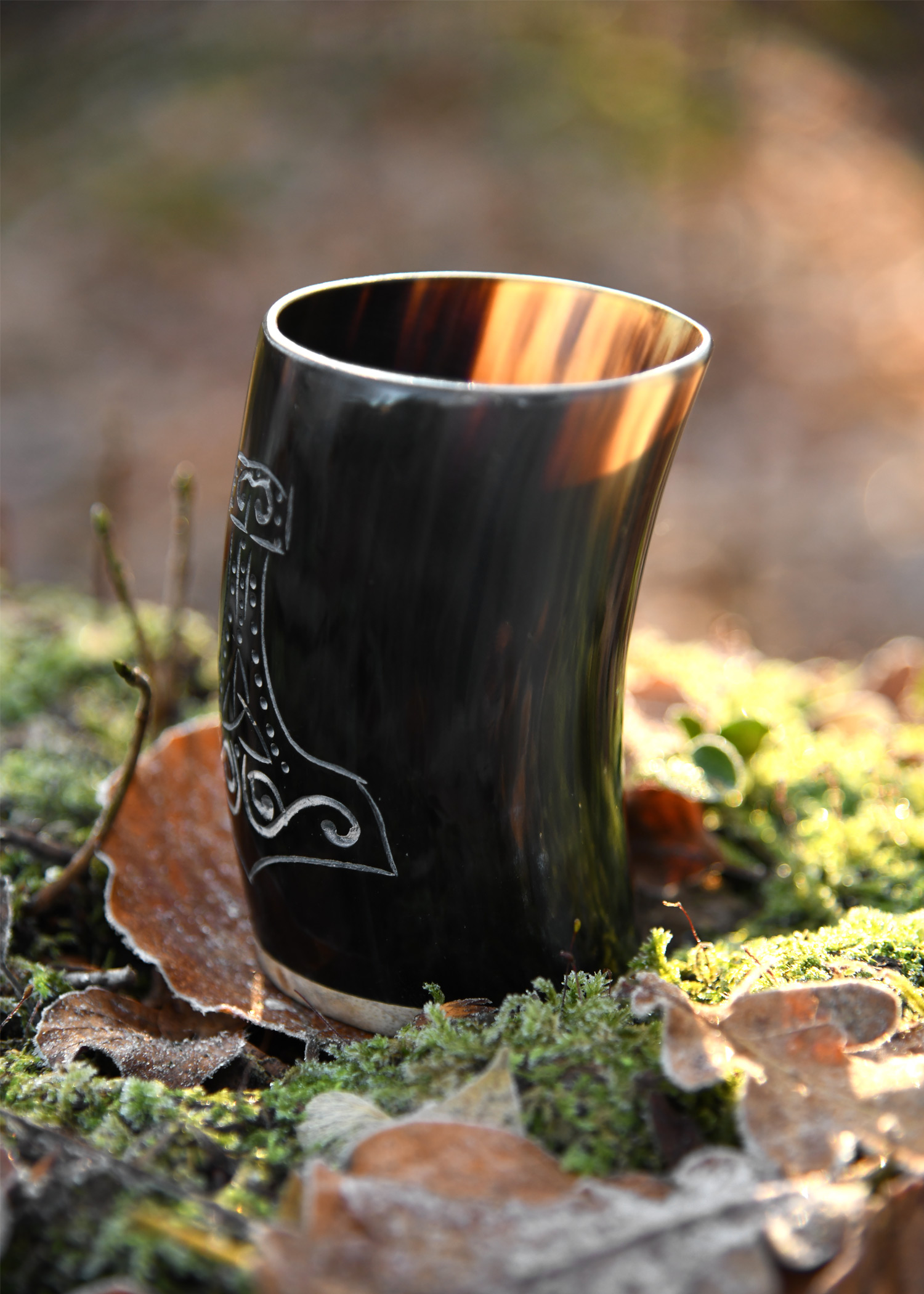Short Horn Drinking Cup with Wooden Base and Mjoelnir