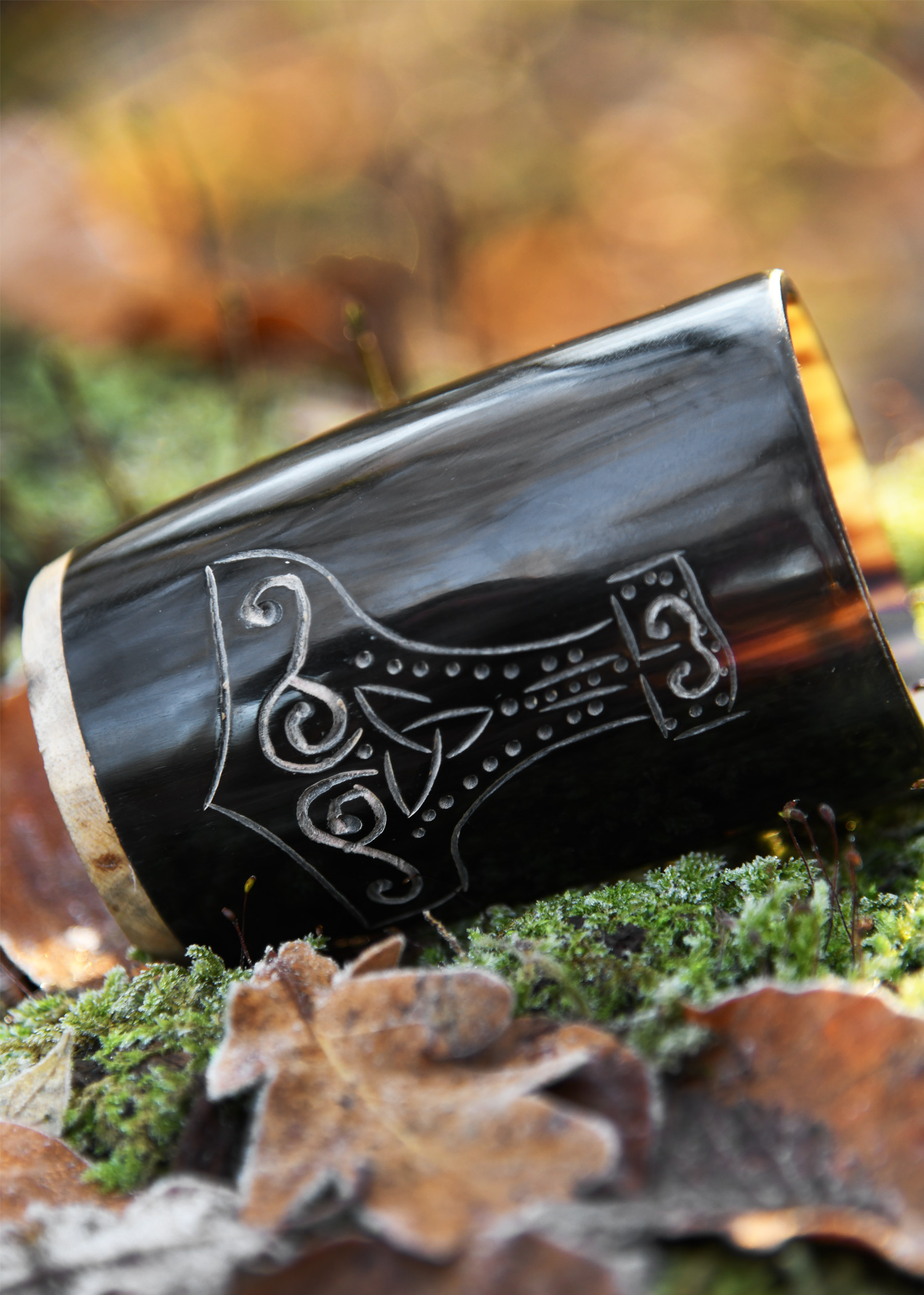 Short Horn Drinking Cup with Wooden Base and Mjoelnir