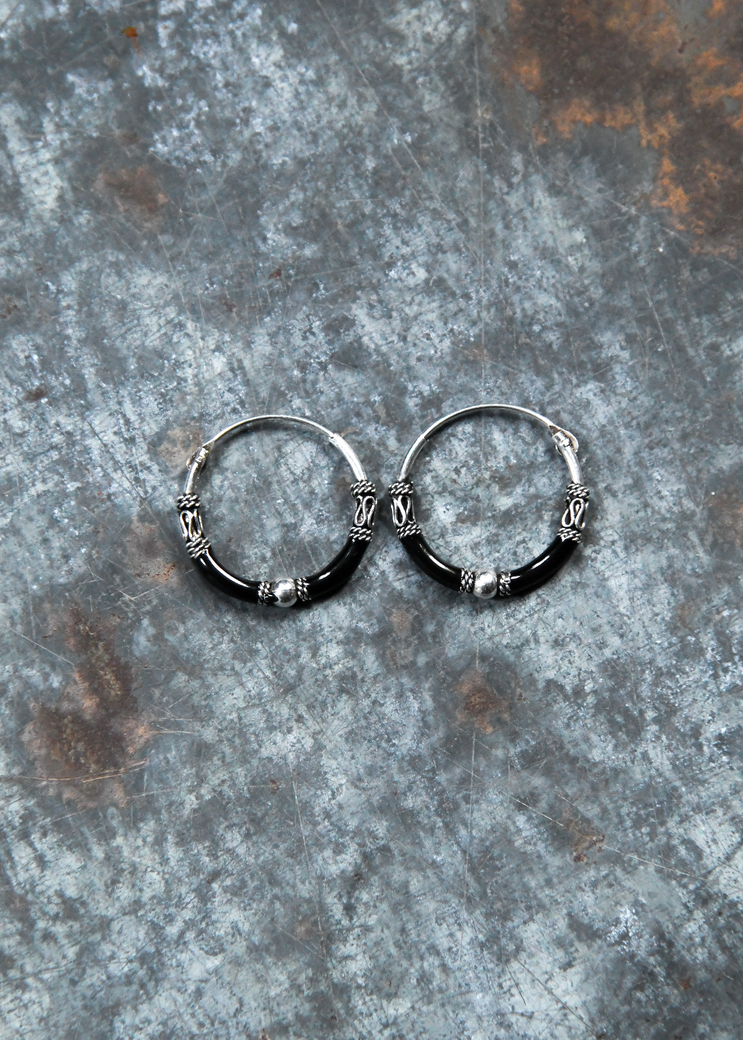 Silver Hoop Earrings, Creole Earrings, Black, Pair