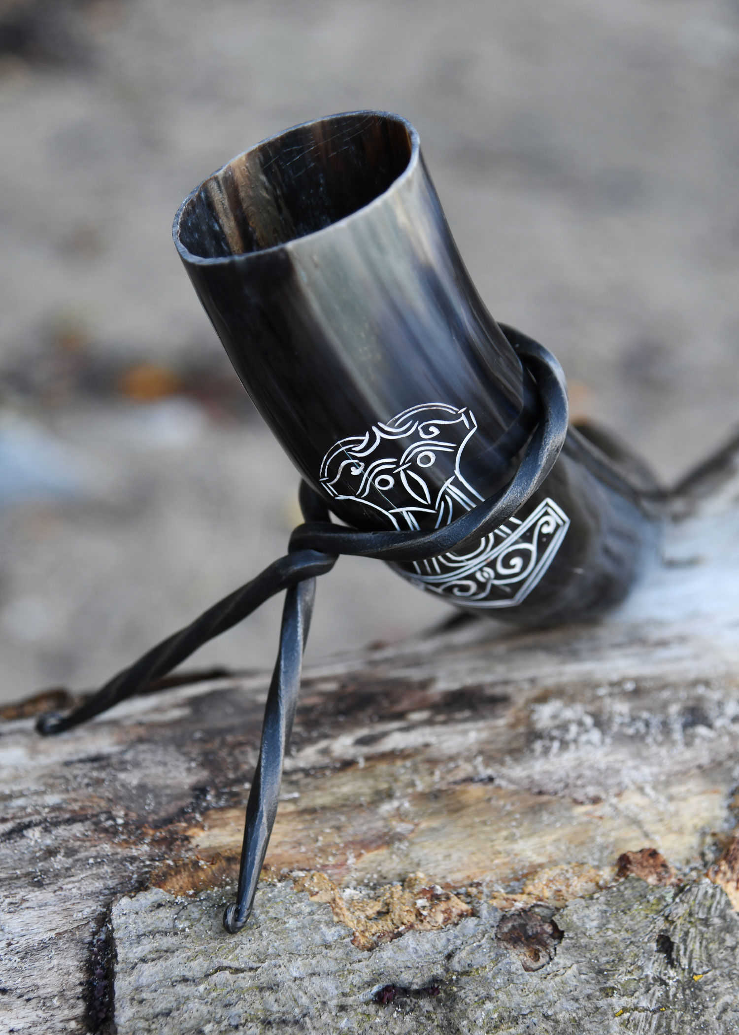 Drinking Horn with Stand - Mjölnir, Hammer of Thor (Our design! Individual pack)