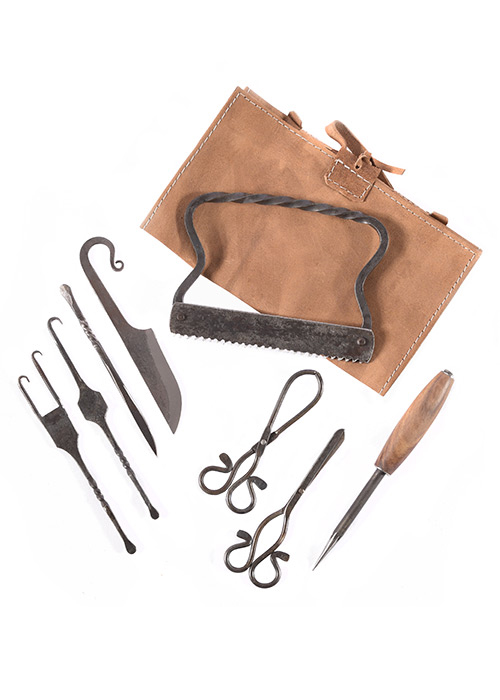 Hand-Forged Medieval Surgical Kit with Leather Bag