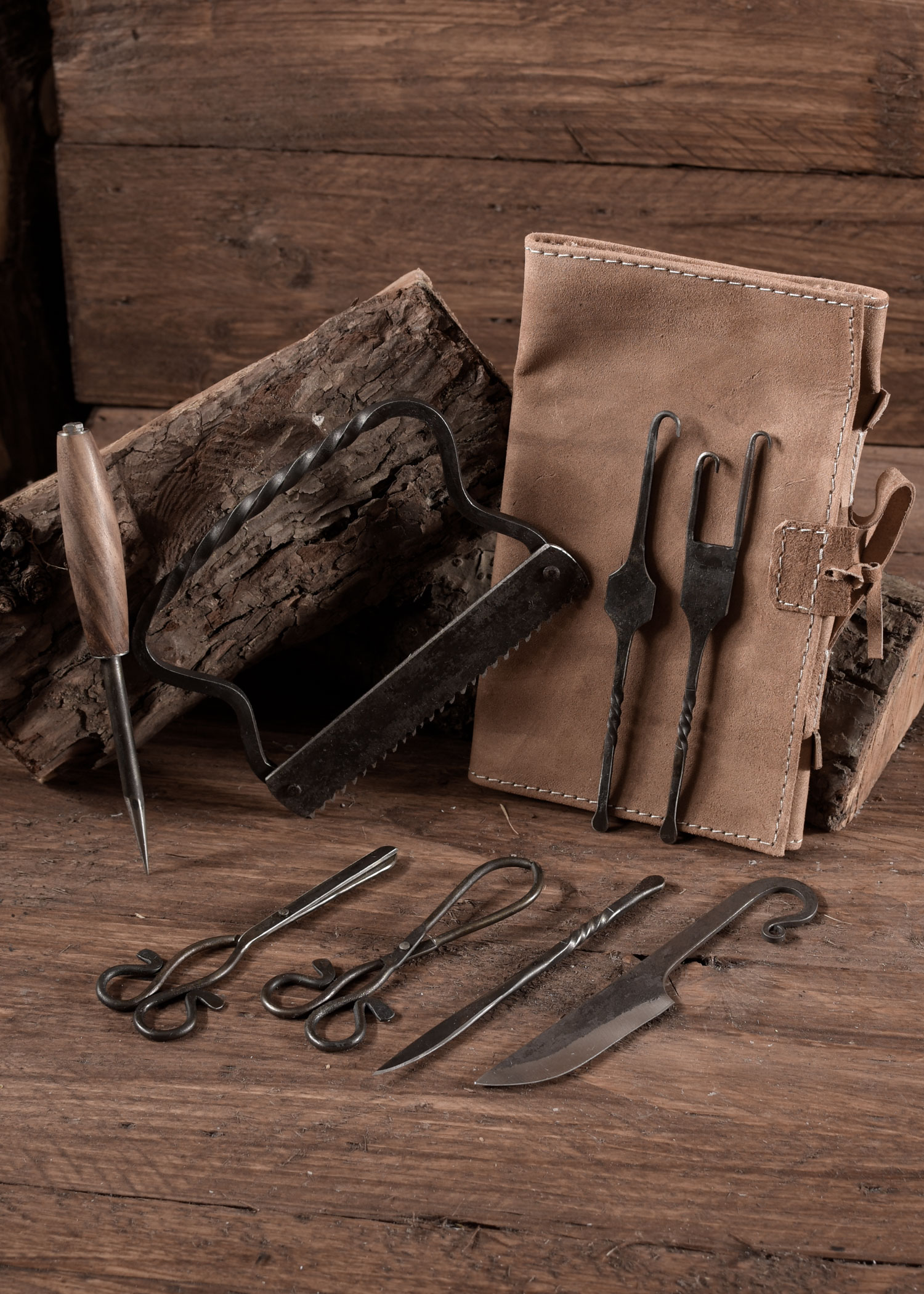 Hand-Forged Medieval Surgical Kit with Leather Bag