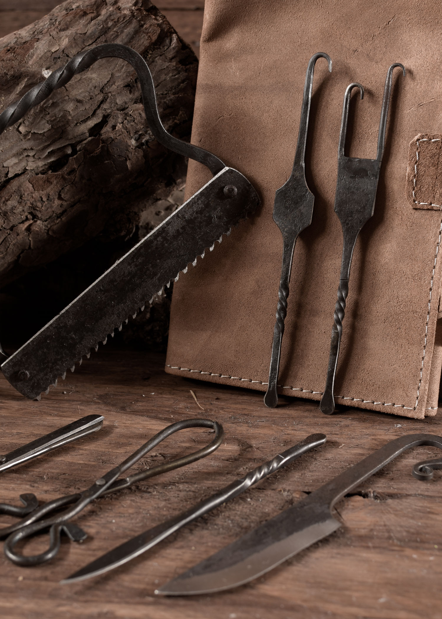 Hand-Forged Medieval Surgical Kit with Leather Bag