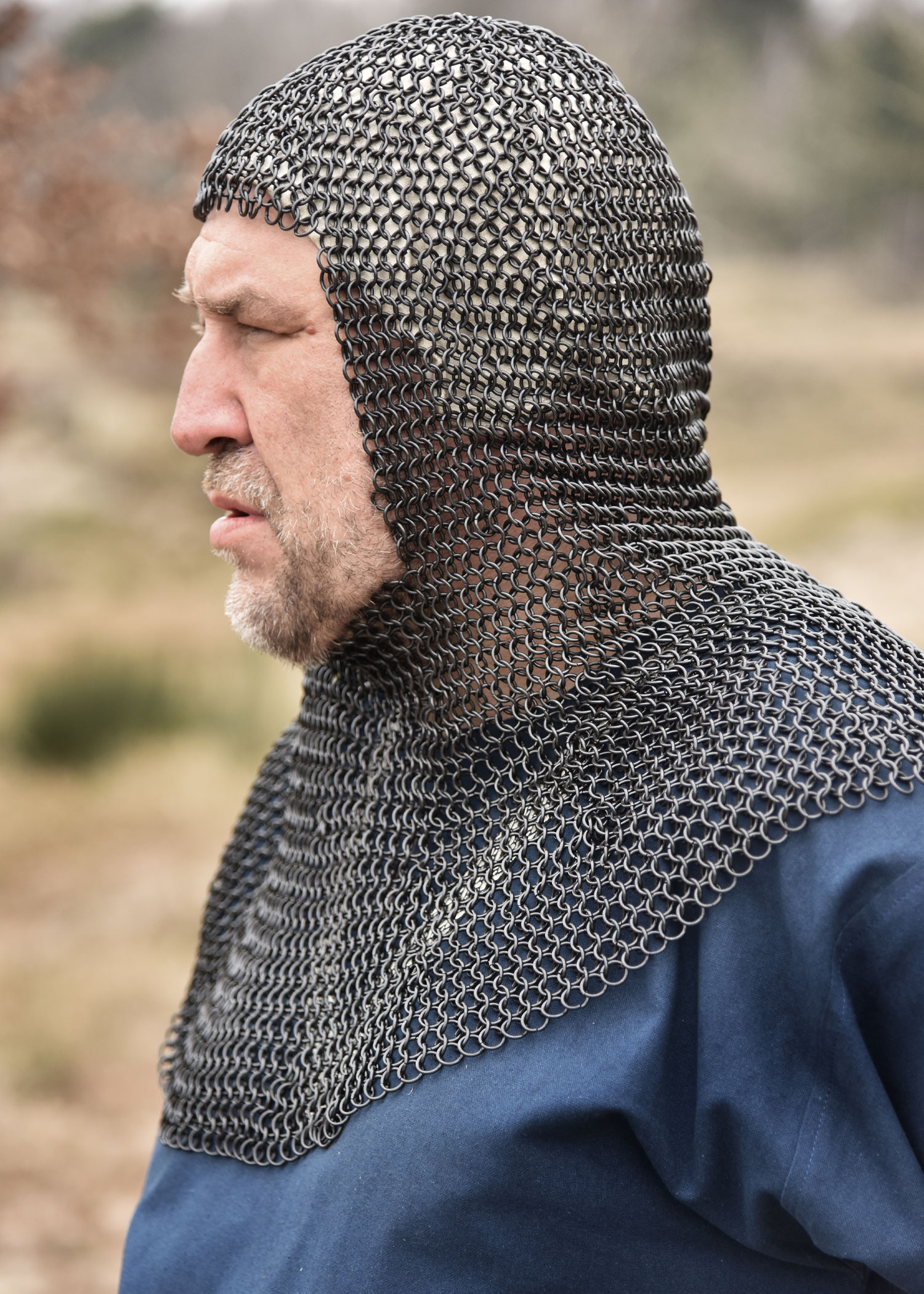 Chainmail coif full mantle square face, butted MS, ID 8mm, blackened