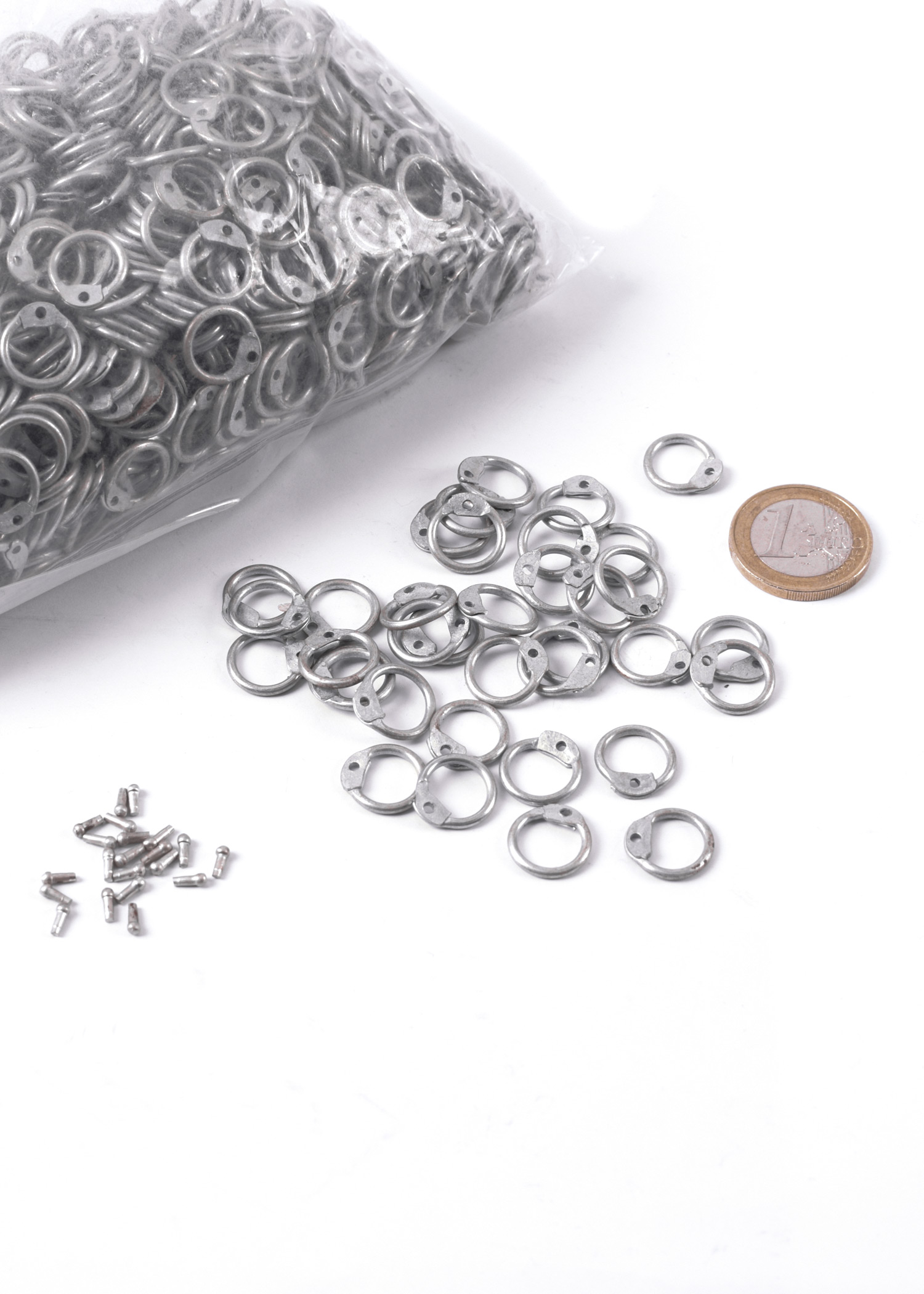 RRZ9 loose round chain mail rings and rivets, ID 9mm, zincked, 1 kg pack