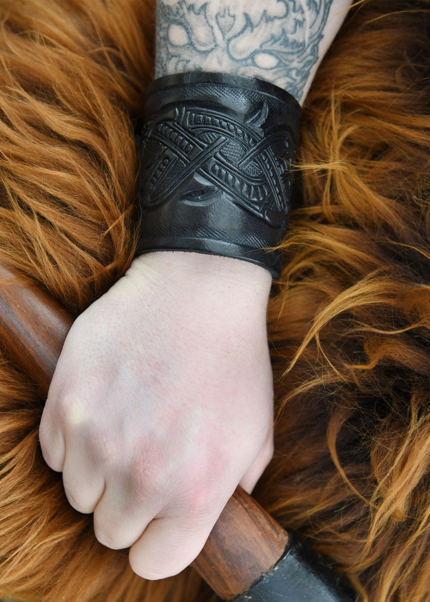 Leather Bracers with Embossed Dragon Motif, Jelling Style, black