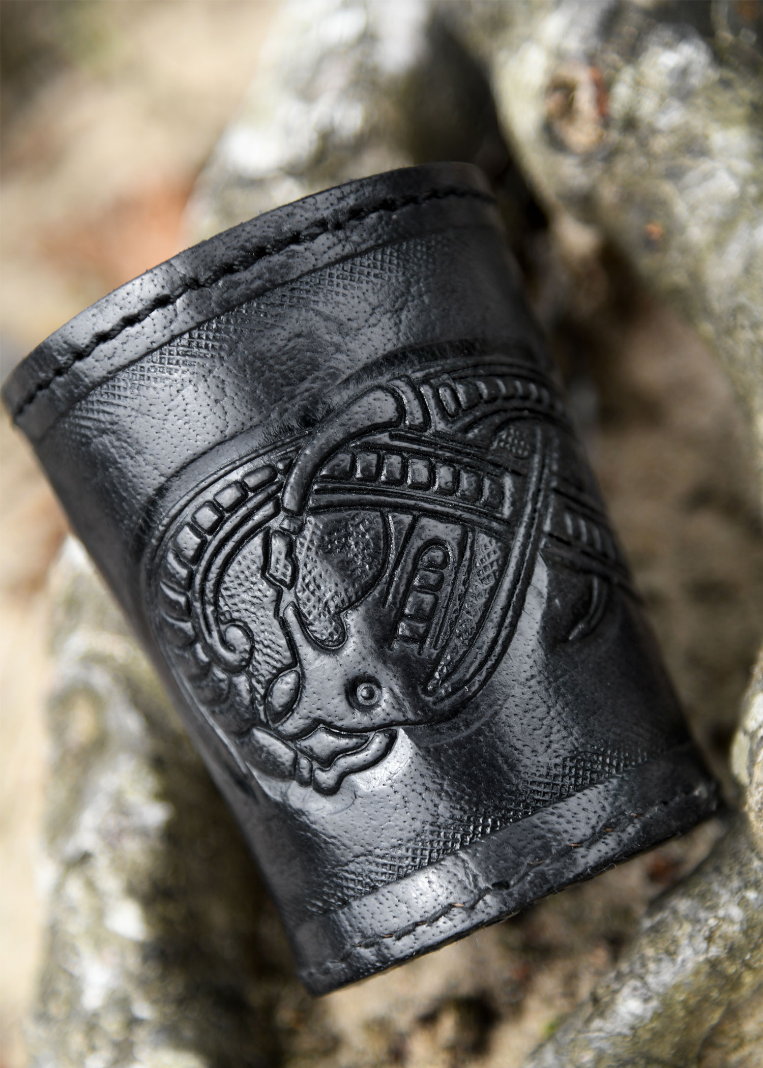Dice Shaker, Leather with Embossed Dragon Motif, Jelling Style, black