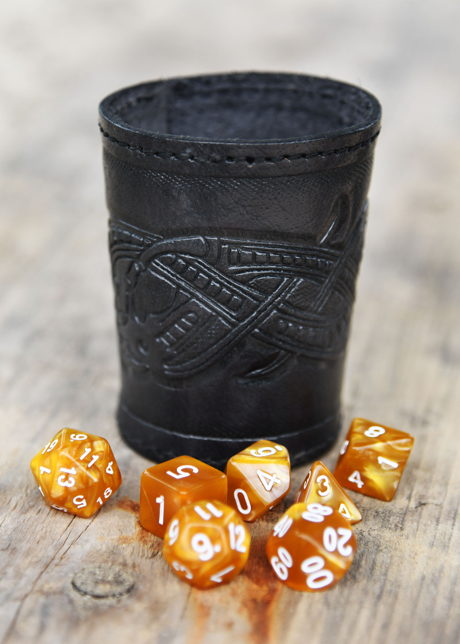 Dice Shaker, Leather with Embossed Dragon Motif, Jelling Style, black