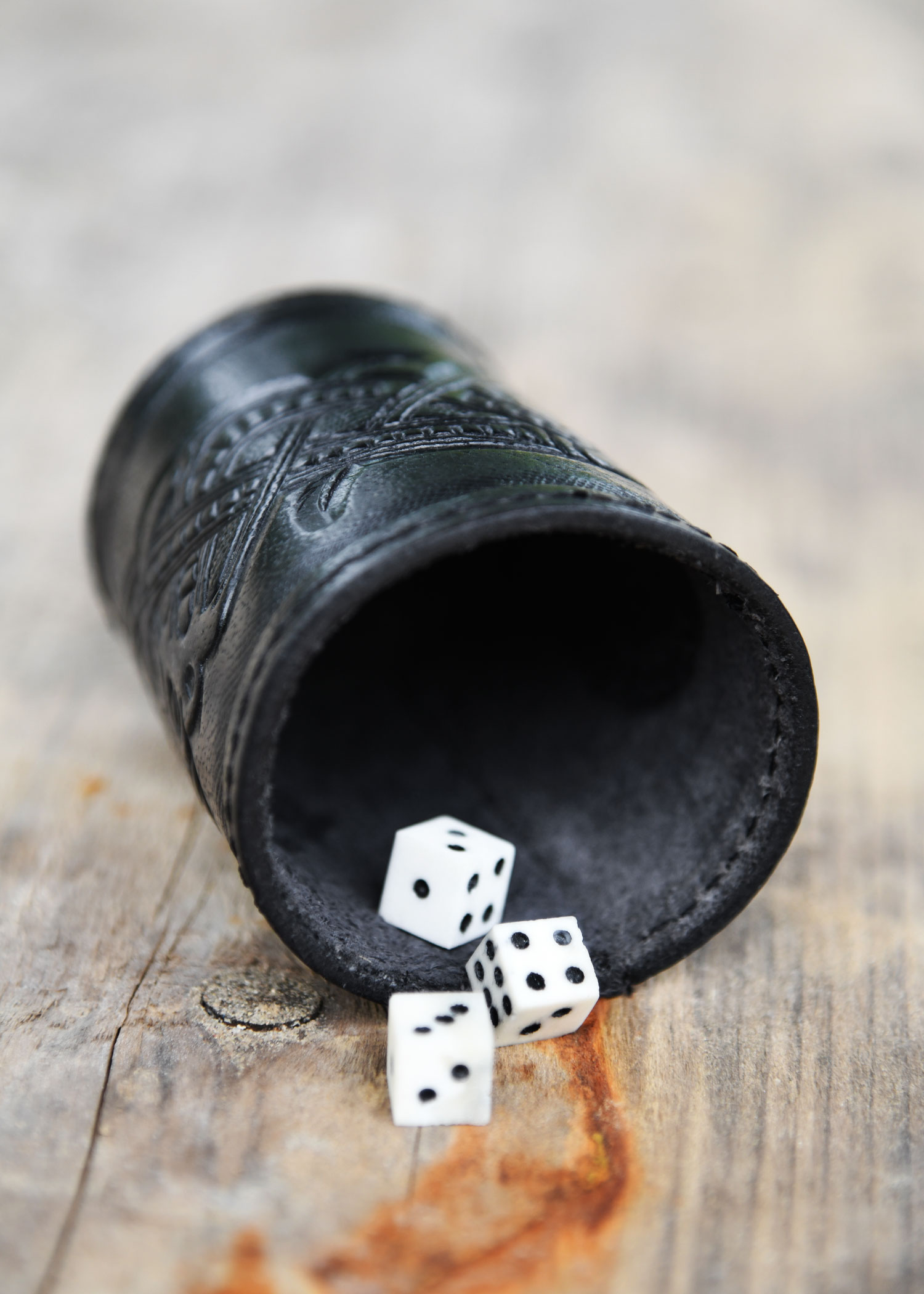 Dice Shaker, Leather with Embossed Dragon Motif, Jelling Style, black