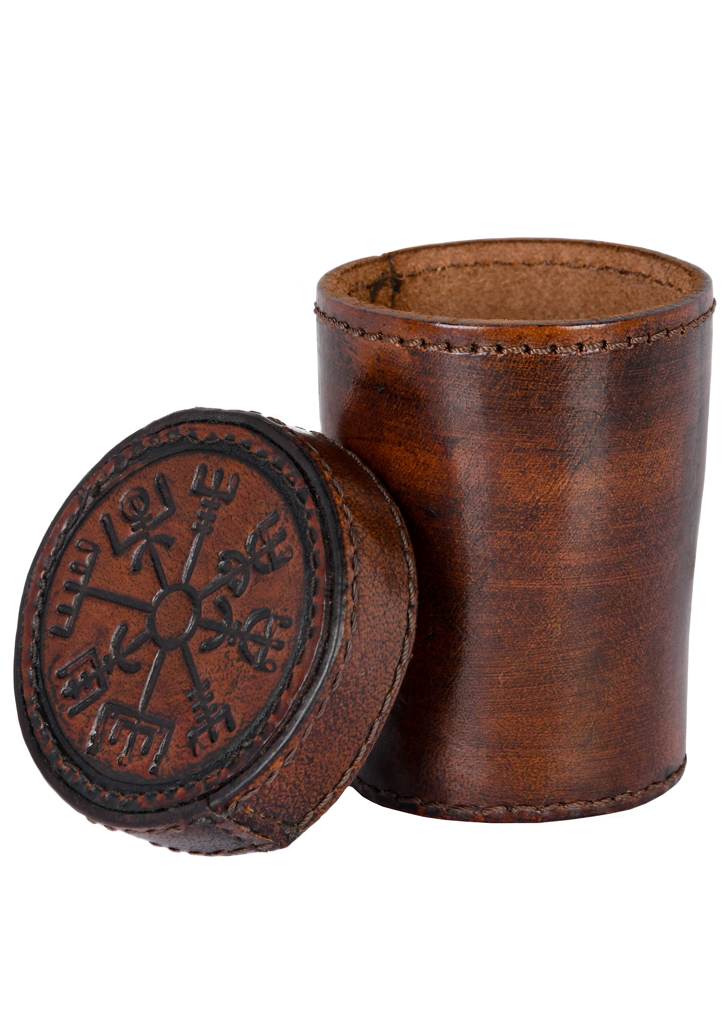 Dice Shaker with Lid, Leather with Embossed Vegvisir, brown
