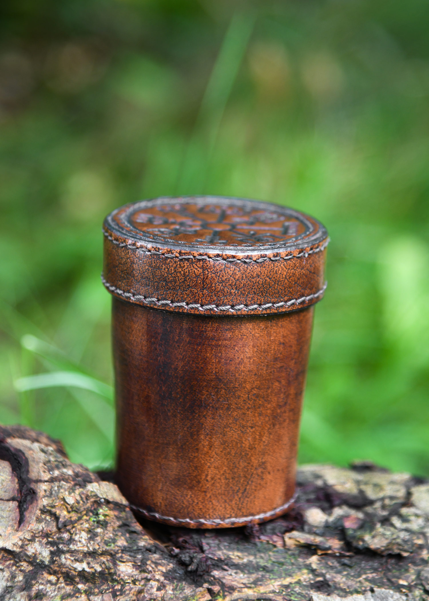 Dice Shaker with Lid, Leather with Embossed Vegvisir, brown
