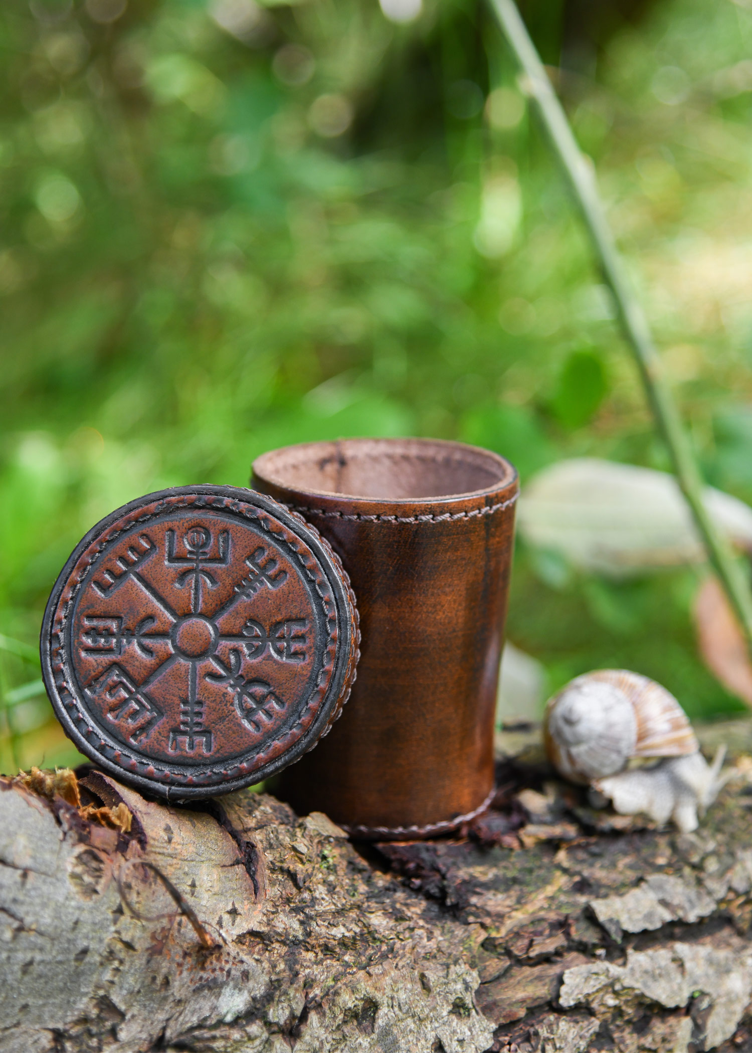 Dice Shaker with Lid, Leather with Embossed Vegvisir, brown