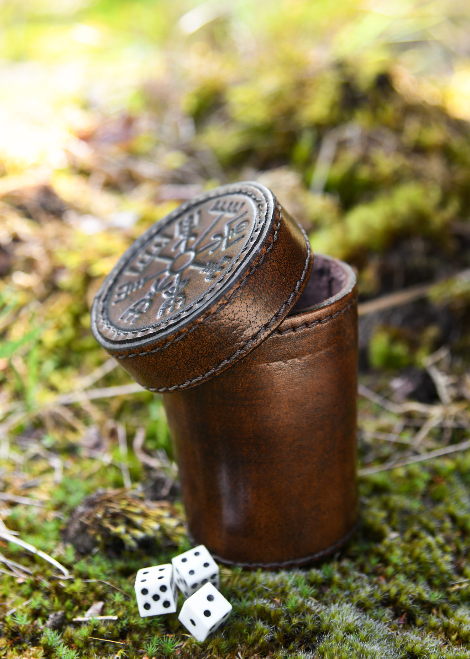 Dice Shaker with Lid, Leather with Embossed Vegvisir, brown