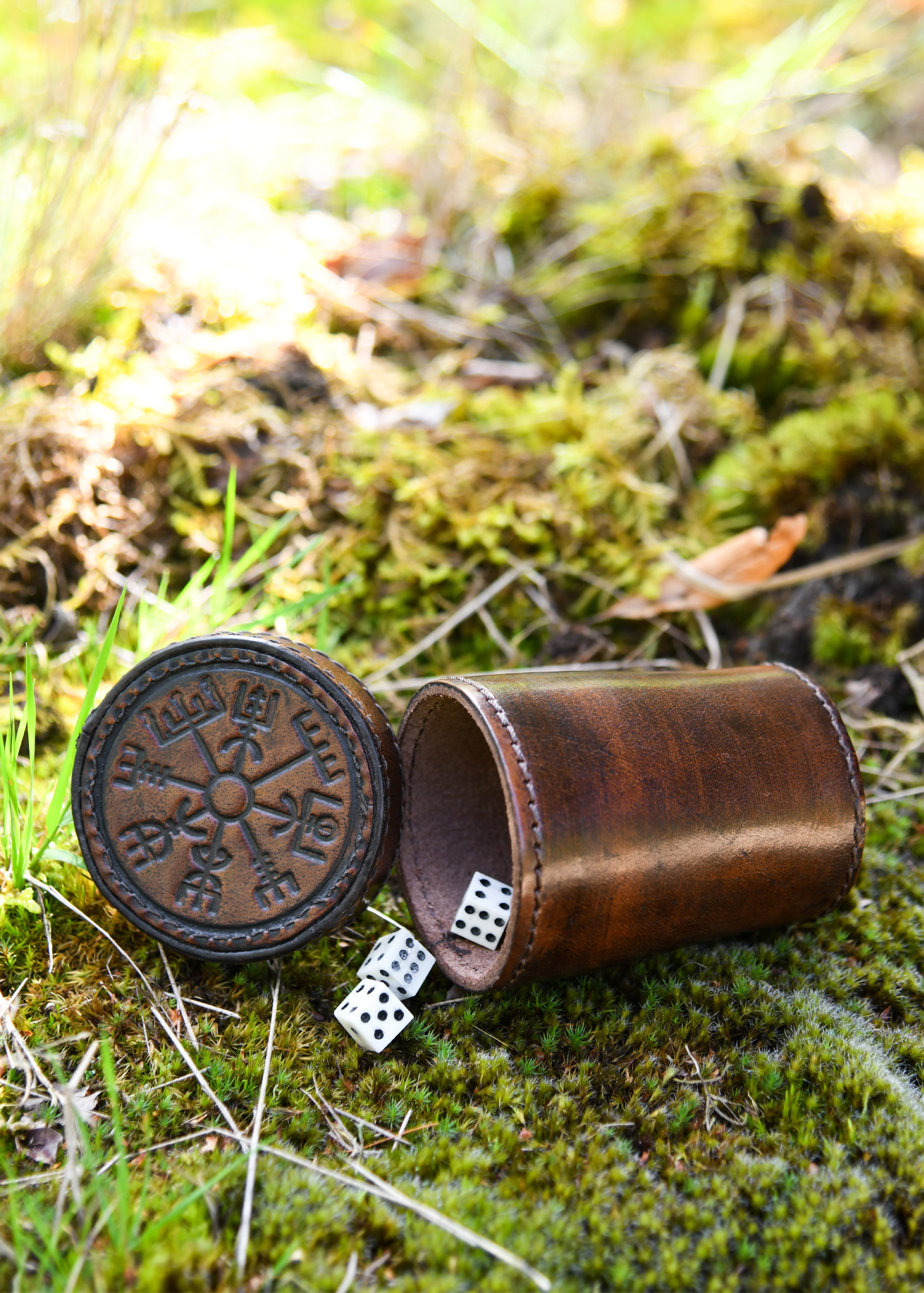 Dice Shaker with Lid, Leather with Embossed Vegvisir, brown